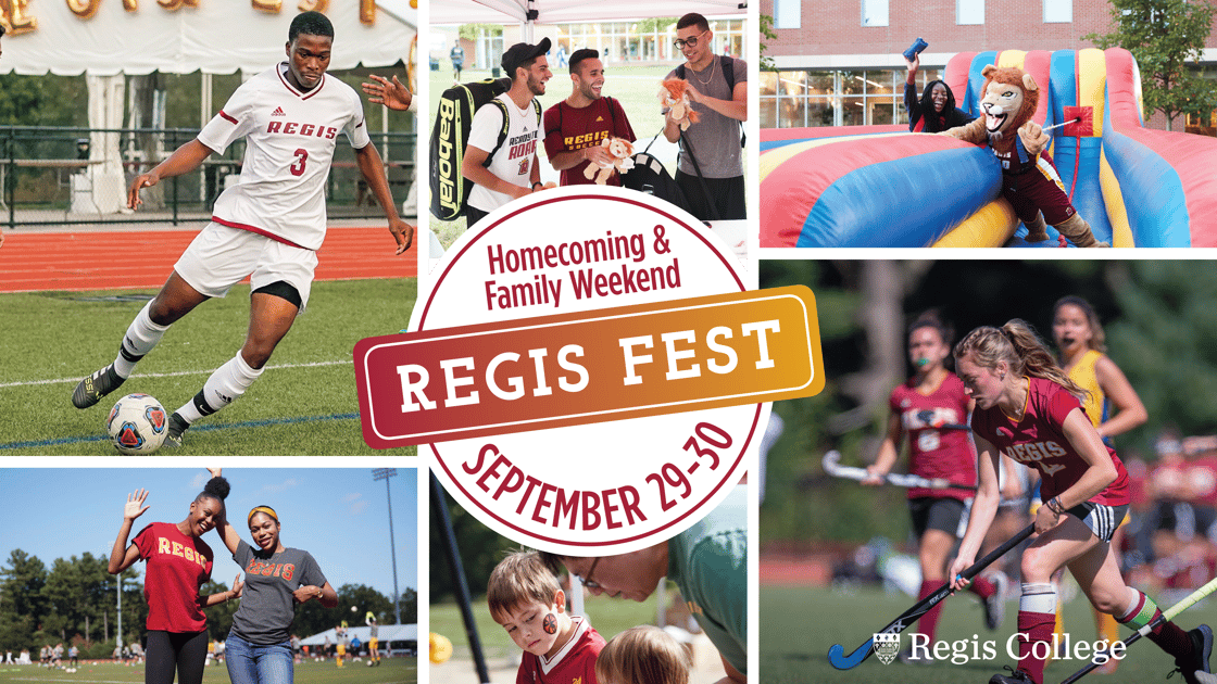 A collage of photos from Regis Fest events including athletics and student life with the Regis Fest logo in the center