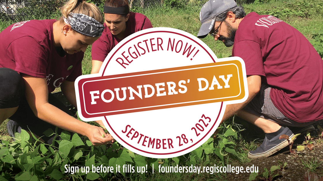 The Founders' Day logo in the center of a photo featuring two Regis students and a faculty member gardening