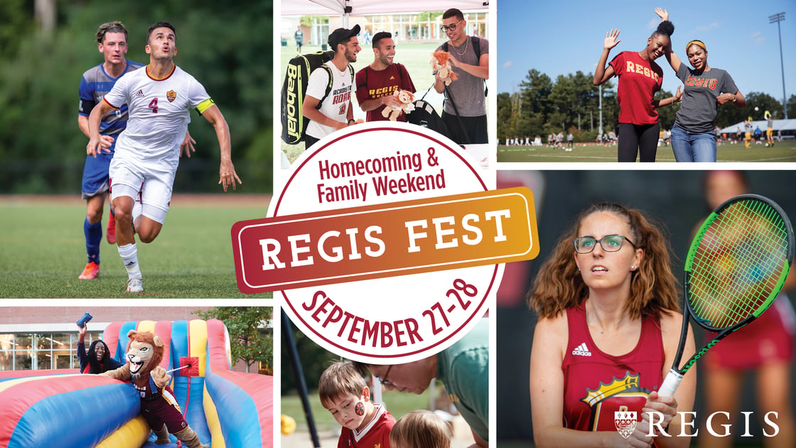 Regis Fest Logo on top of a photo collage of photos from previous events