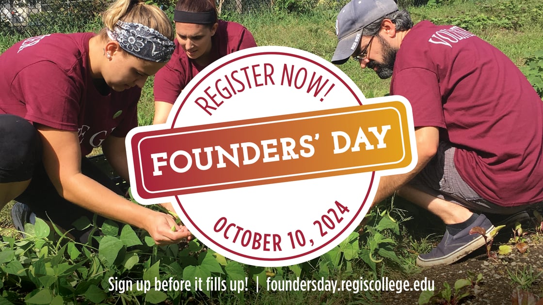 Regis students and faculty gardening in Regis volunteer shirts on Founders' Day