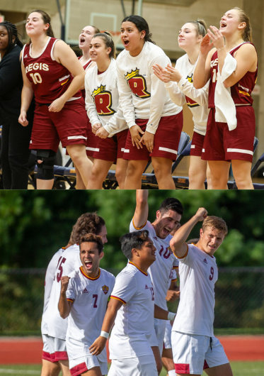 Regis student athletes from Women's Basketball and Men's Soccer cheering