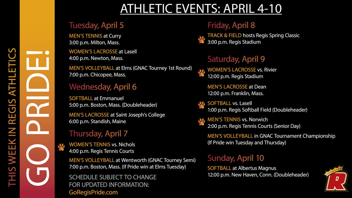 Visit goregispride.com for full list of this week's athletic events
