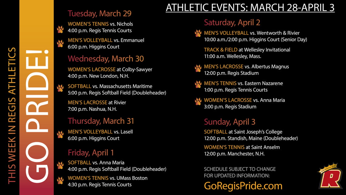 Visit goregispride.com for this week's athletic schedule