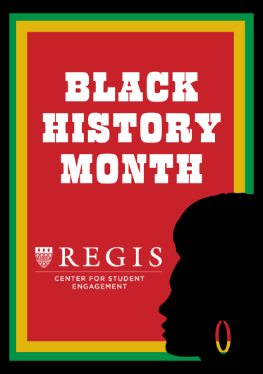 "Black History Month" written on a series of nesting rectangles in red, yellow, green, and black with a silhouette of a person in the bottom corner