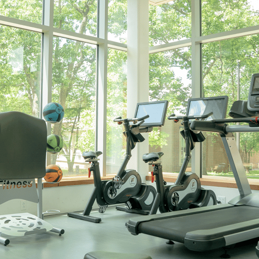 Various fitness equipment in the Maria Hall athletic facility