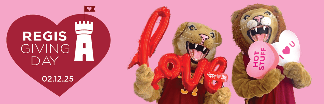 Email banner with Giving Day 2025 Logo and the mascots holding Valentine's Day balloons and candy hearts