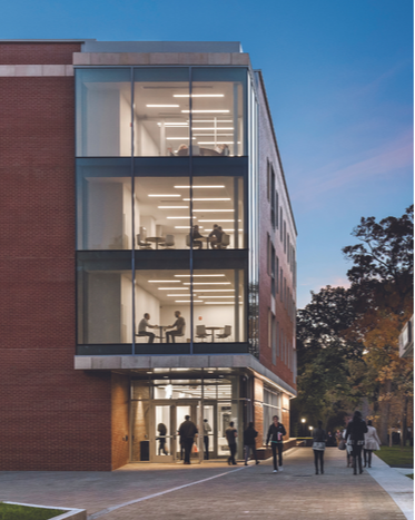 Exterior of Maria Hall at dusk