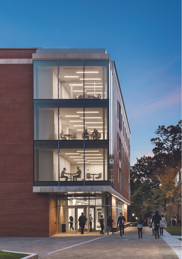 exterior of Maria Hall at dusk