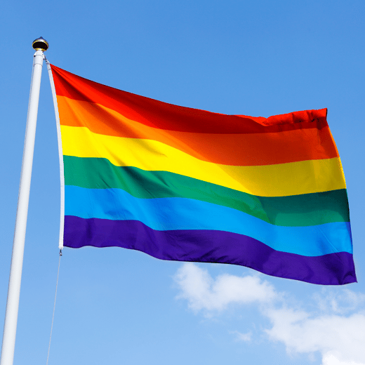 Pride Flag on a flag pole against a blue sky