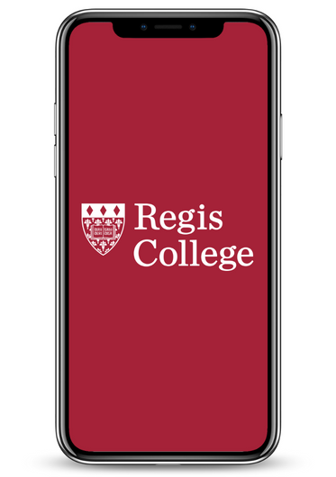 an iPhone with a red screen and featuring a white Regis logo