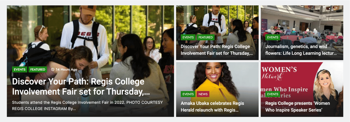 Screenshot of The Regis Herald webpage with story previews