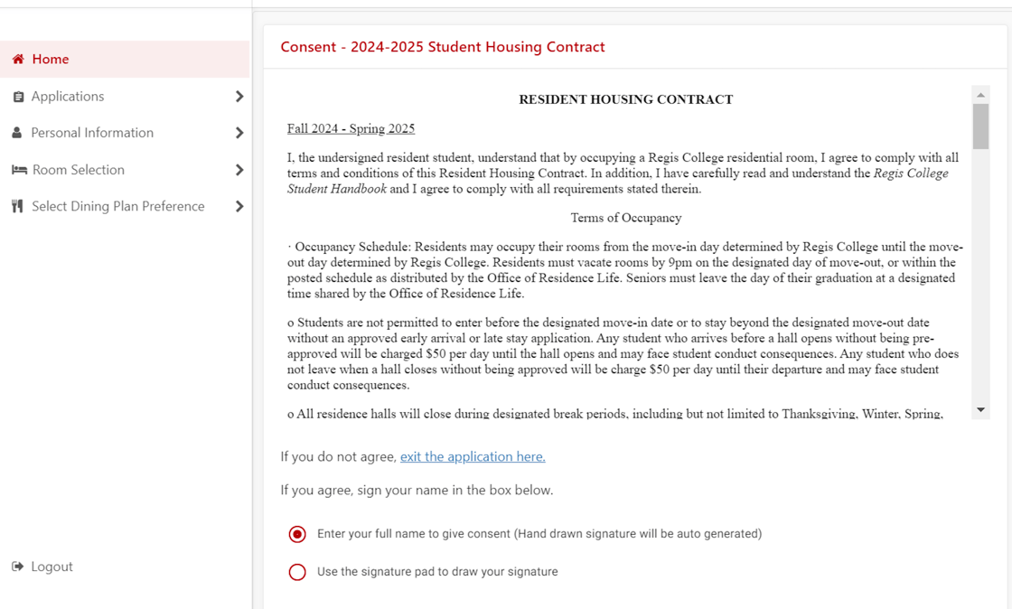 Preview of the 2024-2025 Housing Contract in the Adirondack Portal