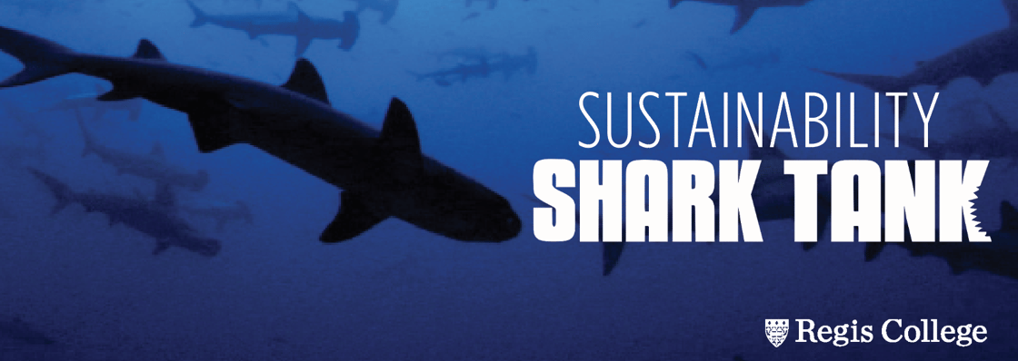 Sustainability Shark Tank logo on top of a photo of silhouettes of a group of sharks swimming underwaters