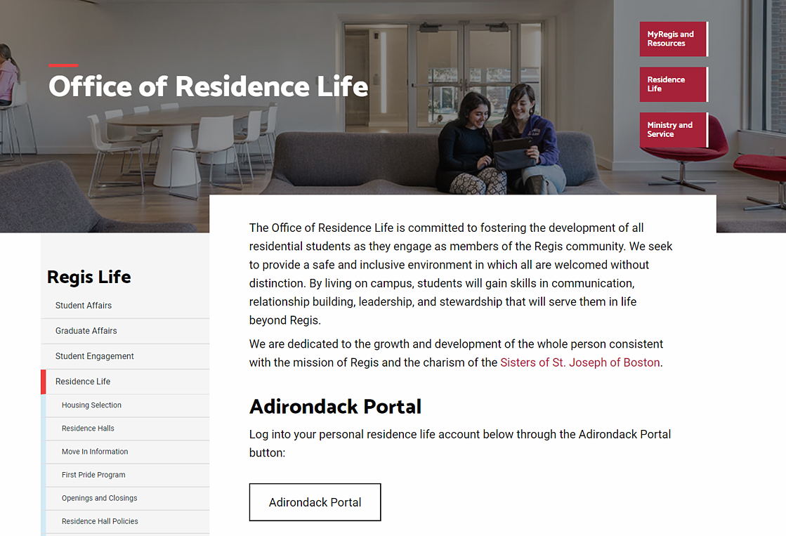 Screenshot of Office of Residence Life webpage with Adirondack Portal button