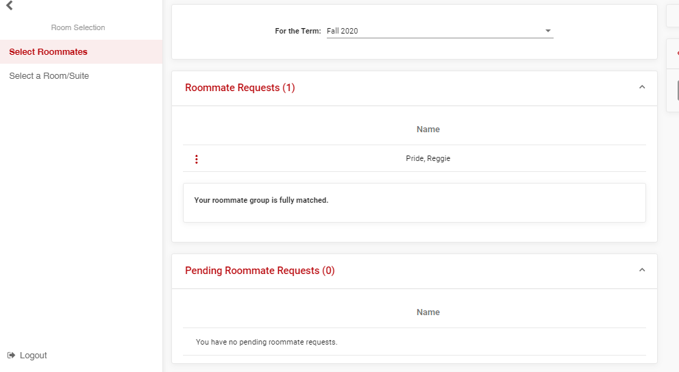 Screenshot of the Roommate Request(s) section of the Adirondack Portal