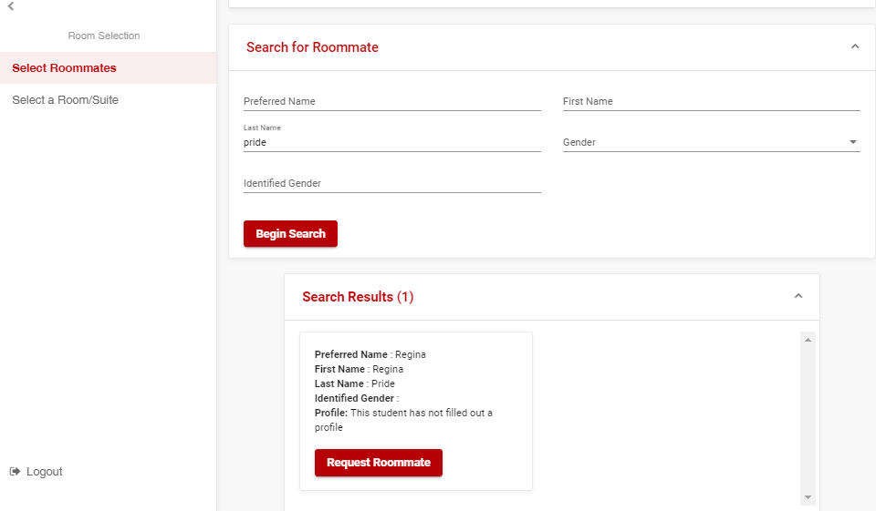 Screenshot of the "Search for Roommate" section of the Adirondack Portal 